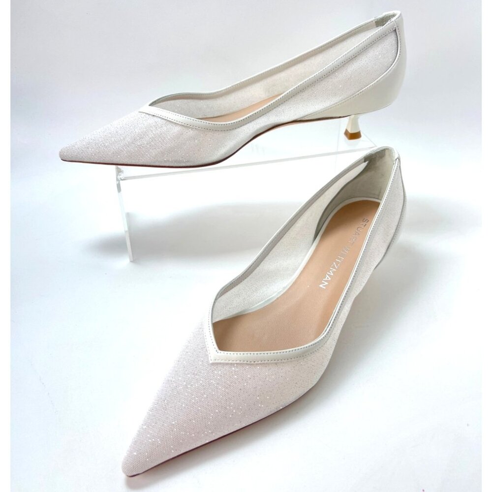 Stuart Weitzman White Glitter Pointed Toe Kitten Heels